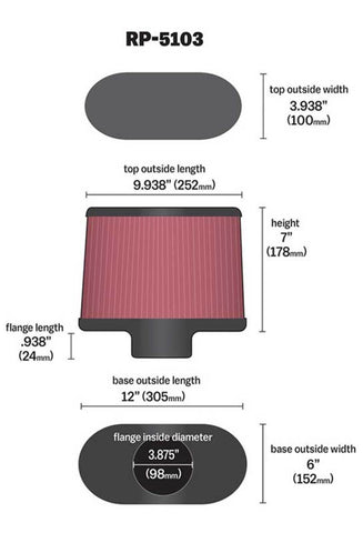 K&N Universal Filter with Carbon Fiber Top & Base-12in Base O/S Length x 6in Base O/S Width x 7in H - RP-5103