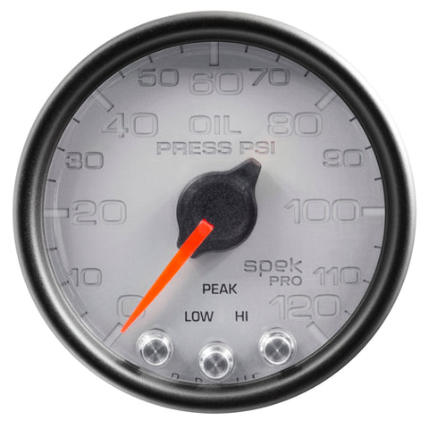 AutoMeter Gauge Oil Press 2-1/16in. 120PSI Stepper Motor W/Peak & Warn Slvr/Blk Spek - P32522