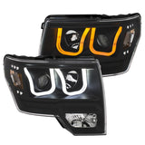 ANZO 2009-2014 Ford F-150 Projector Headlights w/ U-Bar Switchback Black w/ Amber - 111383