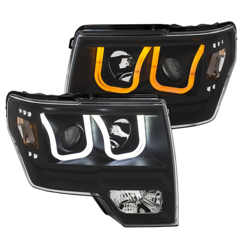 ANZO 2009-2014 Ford F-150 Projector Headlights w/ U-Bar Switchback Black w/ Amber - 111383