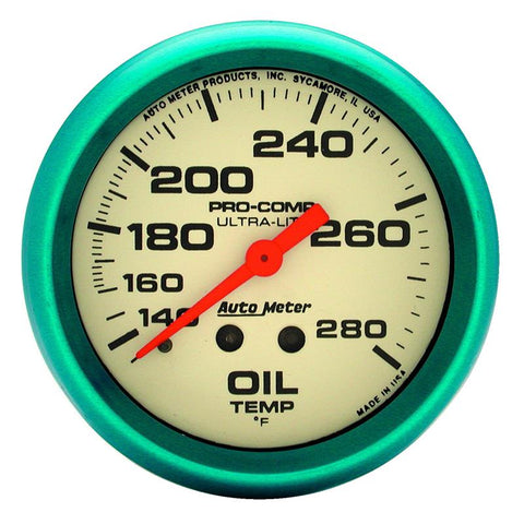 Autometer Ultra-Nite 66.7mm 140-280 Deg. F Mechanical Glow In The Dark Oil Temp Gauge - 4541