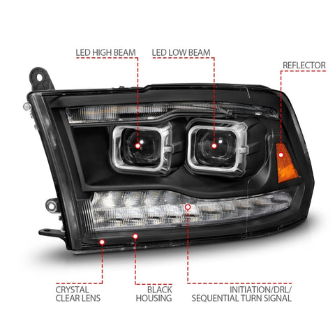 ANZO 09-18 Dodge Ram 1500/2500/3500 Full LED Proj Headlights w/Switchback Light Bar - Black - 111595