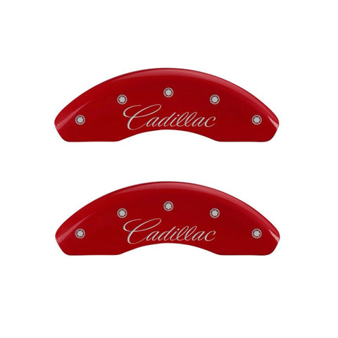 MGP 4 Caliper Covers Engraved Front & Rear Cursive/Cadillac Red finish silver ch - 35021SCADRD