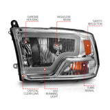 ANZO 2009-2018 Dodge Ram 1500/ 2500/ 3500 Crystal Headlights w/ Light Bar Chrome Housing - 111516