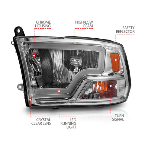 ANZO 2009-2018 Dodge Ram 1500/ 2500/ 3500 Crystal Headlights w/ Light Bar Chrome Housing - 111516