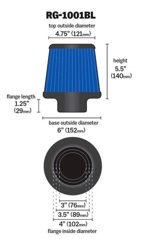 K&N Universal Air Filter Chrome Round Tapered Blue - 4in Flange ID x 1.125in Flange Length x 5.5in H - RG-1001BL