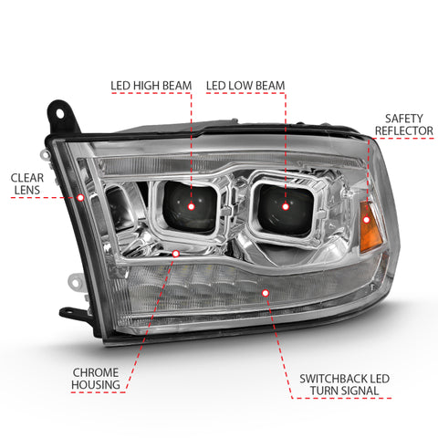 ANZO 2009-2018 Dodge Ram 1500 Led Projector Plank Style Switchback H.L Halo Chrome Amber (OE Style) - 111465