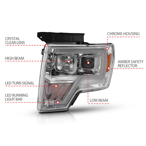 ANZO 2009-2014 Ford F-150 Projector Headlight Chrome Amber - 111446
