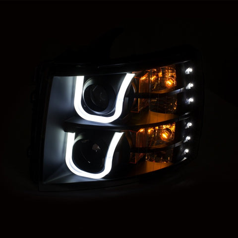 ANZO 2007-2013 Chevrolet Silverado 1500/2500 Projector Headlights w/ U-Bar Switchback Black w/ Amber - 111384
