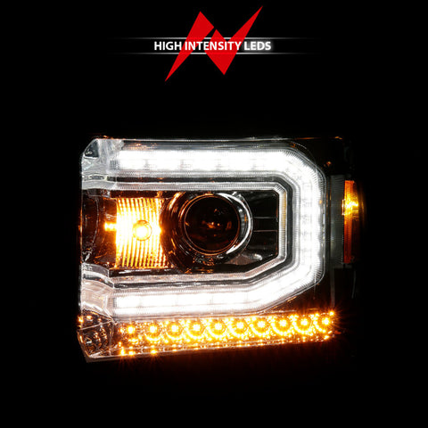 ANZO 2014-2015 GMC Sierra 1500 Projector Headlights w/ Light Bar Chrome Housing (Halogen Type) - 111514