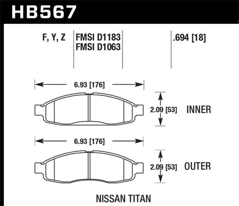 Hawk 04-06 Infiniti QX56 / 05-06 Armada / 04 Pathfinder / 04-07 Titan LTS Street Front Brake Pads - HB567Y.694
