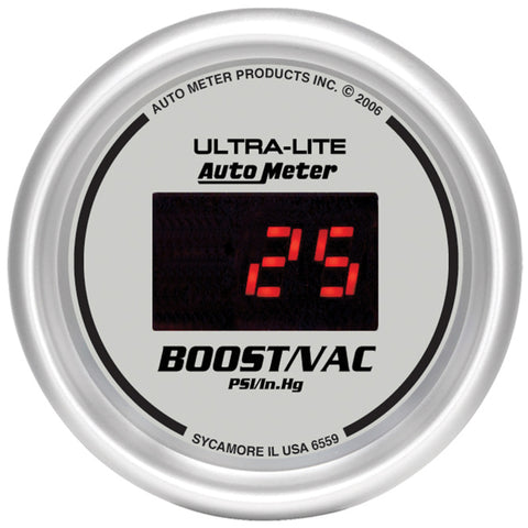 Autometer Ultra-Lite 2-1/16in 30INHG-30PSI Digital Silver Dial Vacuum/Boost Gauge w/ Red Led - 6559