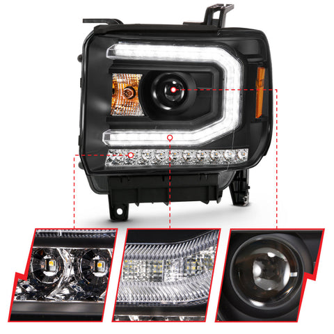 ANZO 2016-2019 GMC Sierra 1500 Projector Headlight Plank Style Black w/ Sequential Amber Signal - 111485