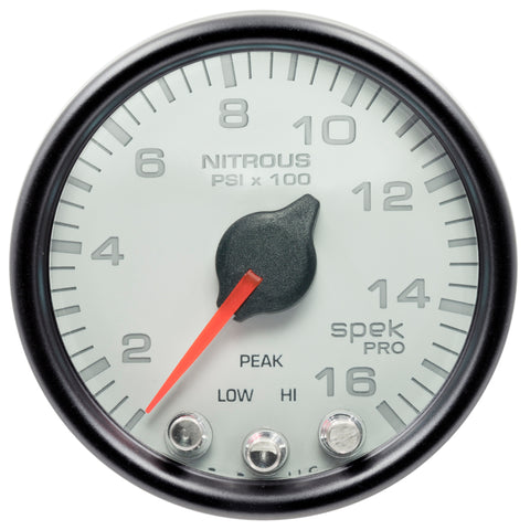Autometer Spek-Pro Gauge Nitrous Press 2 1/16in 1600psi Stepper Motor W/Peak & Warn Wht/Blk - P32012