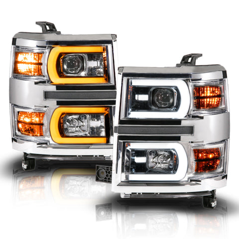 Anzo 14-15 Chevy Silverado 1500 Chrome Dual Switchback+Sequential LED Tube Sq. Projector Headlights - 111618