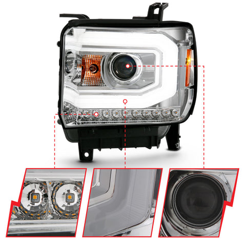 ANZO 2014-2015 Gmc Sierra 1500 Projector Headlight Plank Style Chrome w/ Switchback (Halogen Type) - 111488