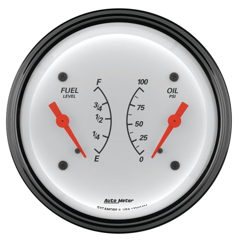 AutoMeter Gauge Dual Fuel & Oilp 3-3/8in. 0 Ohm(e) to 90 Ohm(f)& 100PSI Elec Arctic White - 1324