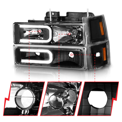 ANZO 88-98 Chevrolet C1500 Crystal Headlights w/ Light Bar Black Housing w/ Signal Side Markers 8Pcs - 111528