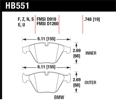 Hawk 07-09 BMW 335d/335i/335xi / 08-09 328i/M3 DTC-70 Race Front Brake Pads - HB551U.748