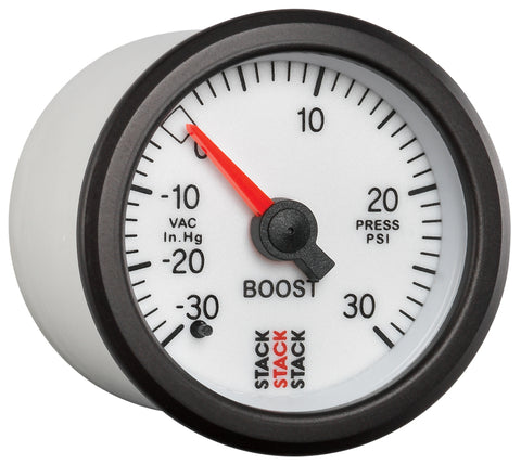 Autometer Stack 52mm -30INHG to +30 PSI (Incl T-Fitting) Mechanical Boost Pressure Gauge - White - ST3162