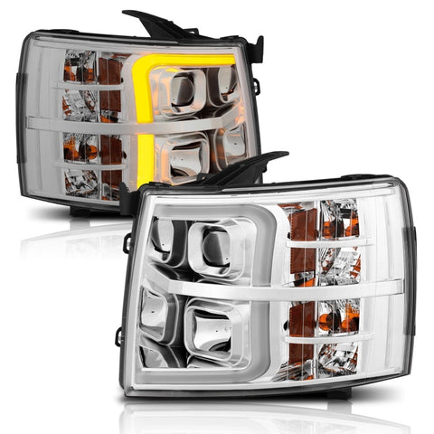 ANZO 07-13 Chevrolet Silverado 1500/2500/3500 Proj Headlights w/ Plank Style Switchback Chrome w/Amb - 111411