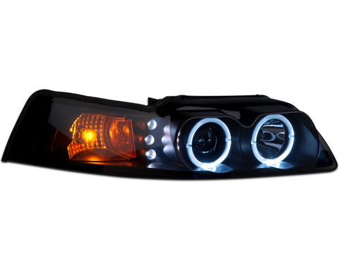 Raxiom 99-04 Ford Mustang Dual LED Halo Projector Headlights- Black Housing (Smoked Lens) - 49113