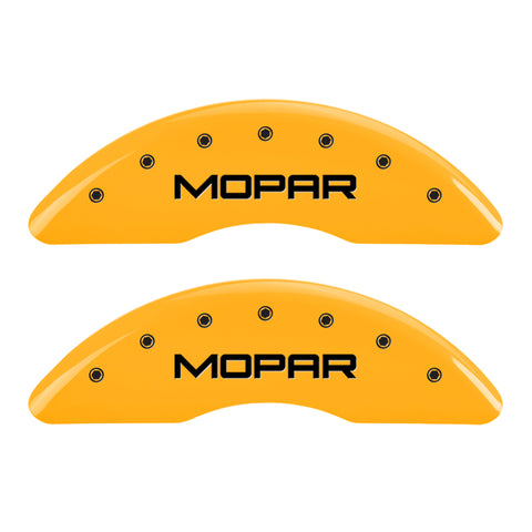 MGP 4 Caliper Covers Engraved Front & Rear Mopar Yellow Finish Black Char 2010 Dodge Ram 2500 - 12124SMOPYL