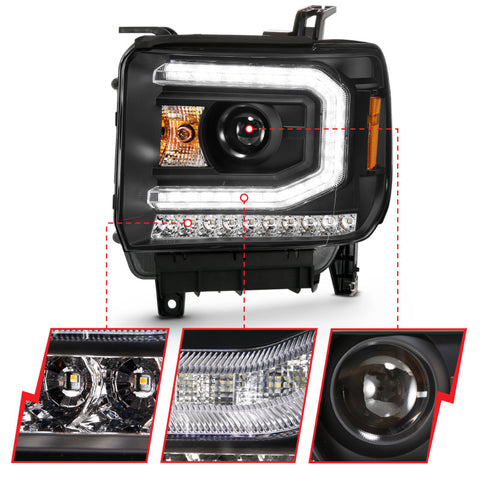 ANZO 2016-2019 GMC Sierra 1500 Projector Headlight Plank Style Black w/ Sequential Amber Signal - 111485