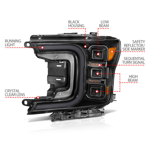 Anzo 18-20 Ford F-150 Full Led Projector Smoke Bar Style Headlights Black Amber - 111520