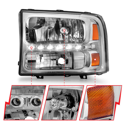 ANZO 2000-2004 Ford Excursion Crystal Headlights Chrome w/ LED 1pc - 111088