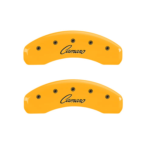 MGP 4 Caliper Covers Engraved Front & Rear Cursive/Camaro Yellow finish black ch - 14033SCCSYL