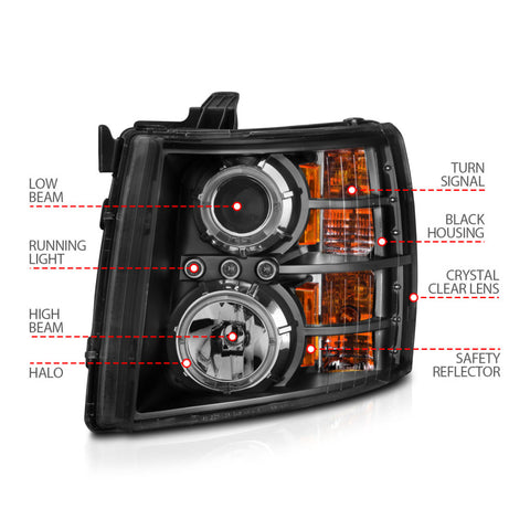 ANZO 2007-2013 Chevrolet Silverado 1500 Projector Headlights w/ Halo Black - 111200