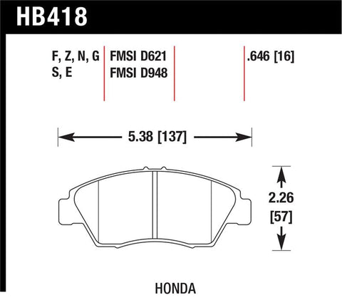 Hawk 02-06 RSX (non-S) Front / 03-11 Civic Hybrid / 04-05 Civic Si HP DTC-60 Front Race Brake Pads - HB418G.646