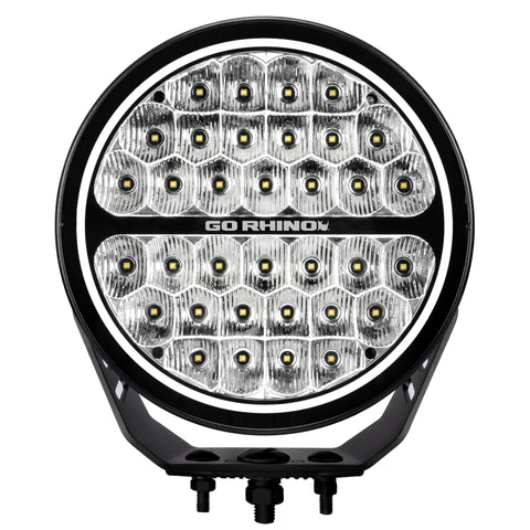 Go Rhino Xplor Blackout Series Round LED Sgl Driving Kit w/DRL (Surface/Thread Stud Mnt) 9in. - Blk - 751700911DRS