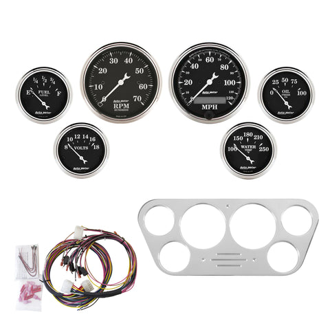 Autometer Old Tyme Black Gauge Kit 6 Pc Ford Truck 53-55 Tach/Mph/Fuel/Oilp/Wtmp/Volt - 7048-OTB